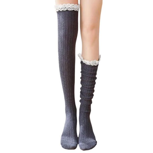 Over The Knee High Slouch Lace Trim Gray Fall Boot Socks Sexy Thigh High OTK New - Picture 1 of 6